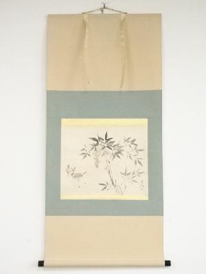 川島登美次筆　南天に雀　肉筆紙本掛軸（共箱）